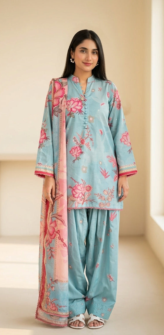 3-PIECE STICHED PRINTED DRESS WITH FARSHI SHALWAR