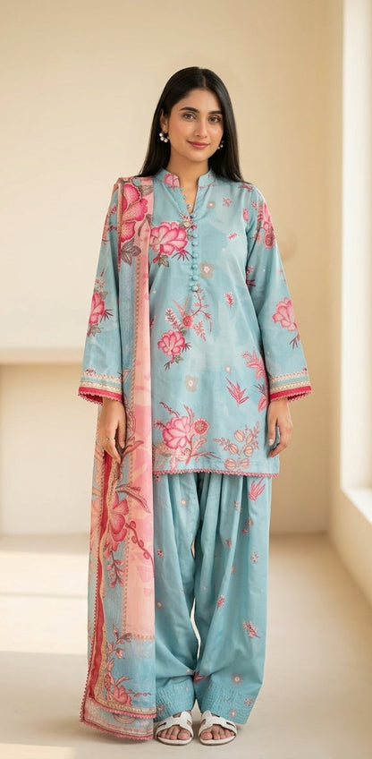 3-PIECE STICHED PRINTED DRESS WITH FARSHI SHALWAR