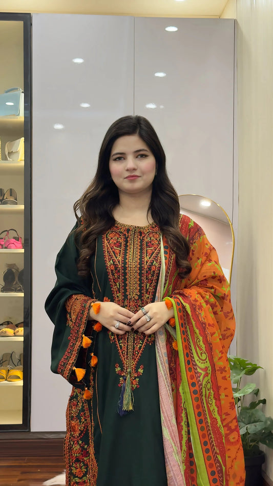 3-PIECE STICHED LONG LENGTH EMBROIDERED DRESS PREMIUM QUALITY