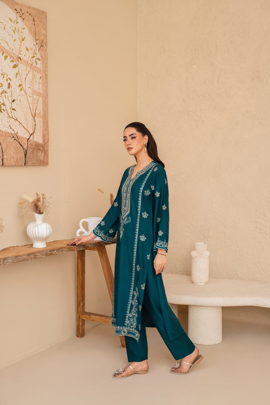 PREMIUM QUALITY 2-PIECE STICHED LONG LENGTH EMBROIDERED DRESS