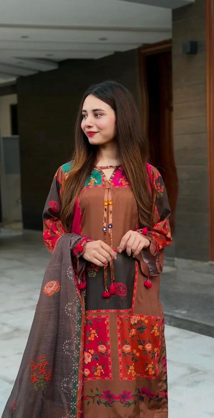 PREMIUM QUALITY 3-PIECE STICHED PRINTED DRESS