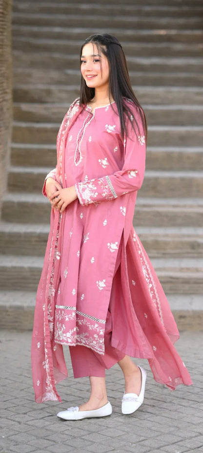 3-Piece Stitched Long Length Embroidered Dress Premium Quality