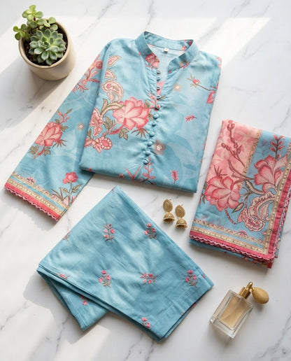 3-PIECE STICHED PRINTED DRESS WITH FARSHI SHALWAR