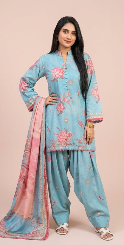 3-PIECE STICHED PRINTED DRESS WITH FARSHI SHALWAR