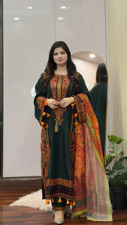 3-PIECE STICHED LONG LENGTH EMBROIDERED DRESS PREMIUM QUALITY