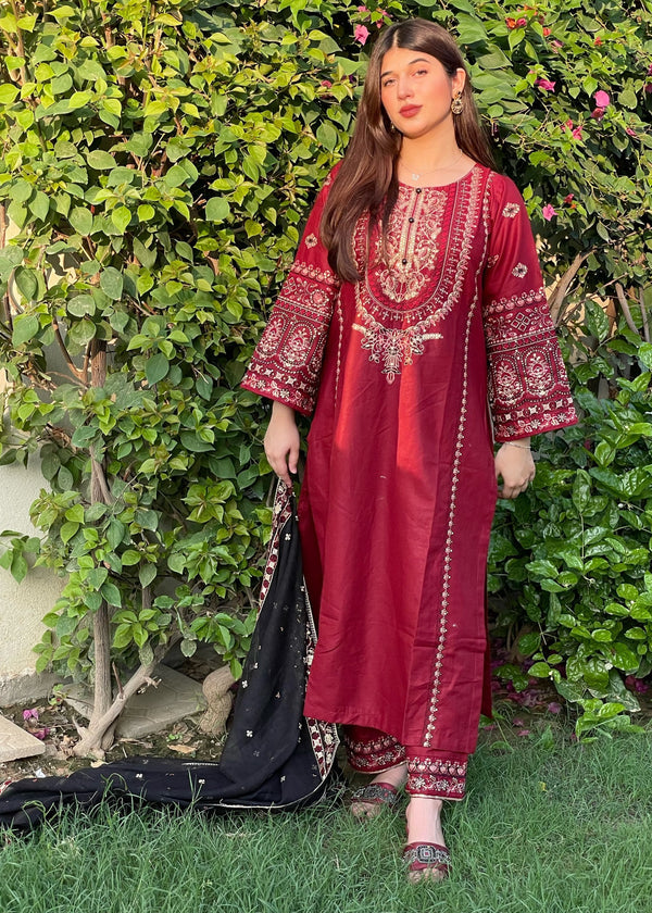 3-PIECE STICHED LONG LENGTH EMBROIDERED DRESS PREMIUM QUALITY