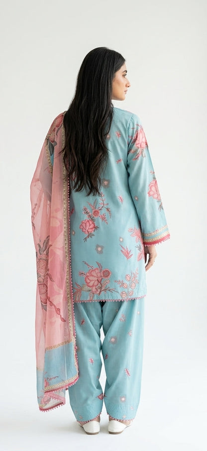 3-PIECE STICHED PRINTED DRESS WITH FARSHI SHALWAR