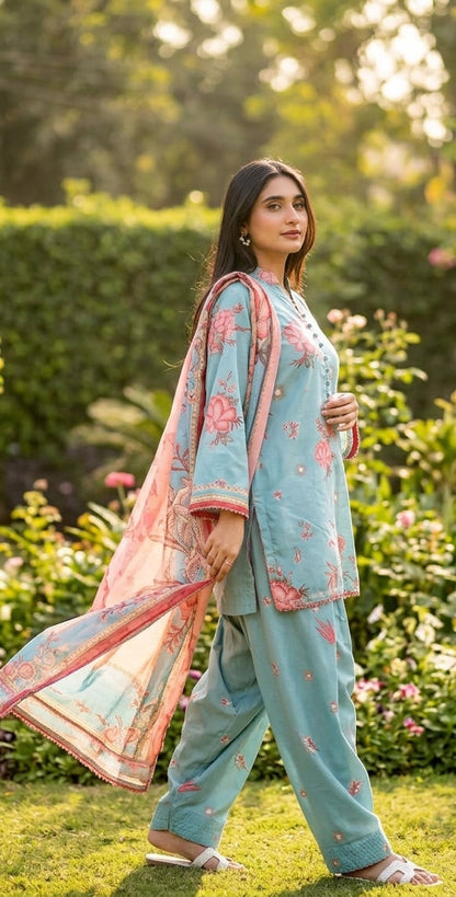 3-PIECE STICHED PRINTED DRESS WITH FARSHI SHALWAR