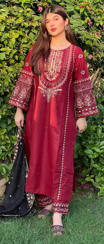 3-PIECE STICHED LONG LENGTH EMBROIDERED DRESS PREMIUM QUALITY