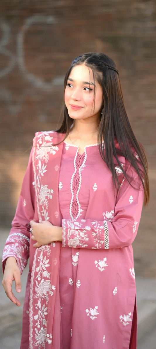 3-Piece Stitched Long Length Embroidered Dress Premium Quality