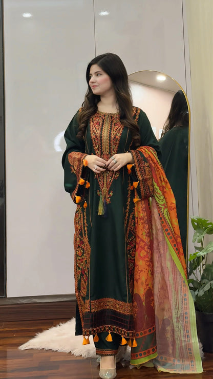 3-PIECE STICHED LONG LENGTH EMBROIDERED DRESS PREMIUM QUALITY