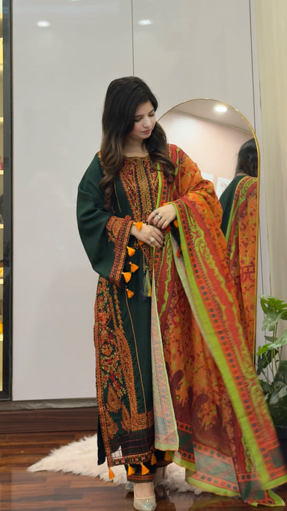 3-PIECE STICHED LONG LENGTH EMBROIDERED DRESS PREMIUM QUALITY