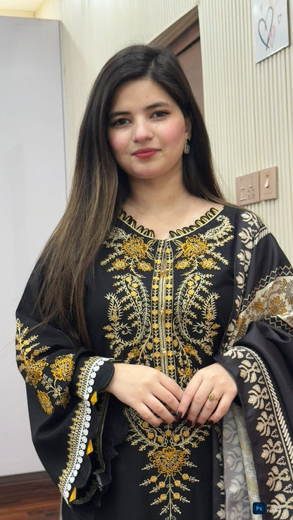 PREMIUM QUALITY 3-PIECE STITCHED LONG LENGTH EMBROIDERED DRESS