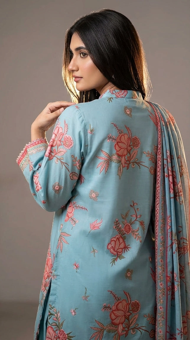 3-PIECE STICHED PRINTED DRESS WITH FARSHI SHALWAR